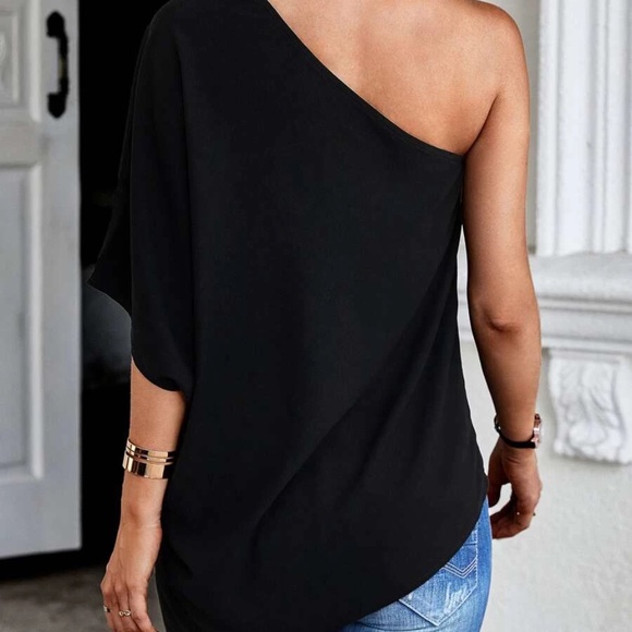 Solid One Shoulder Batwing Sleeve Blouse - Picture 3 of 8